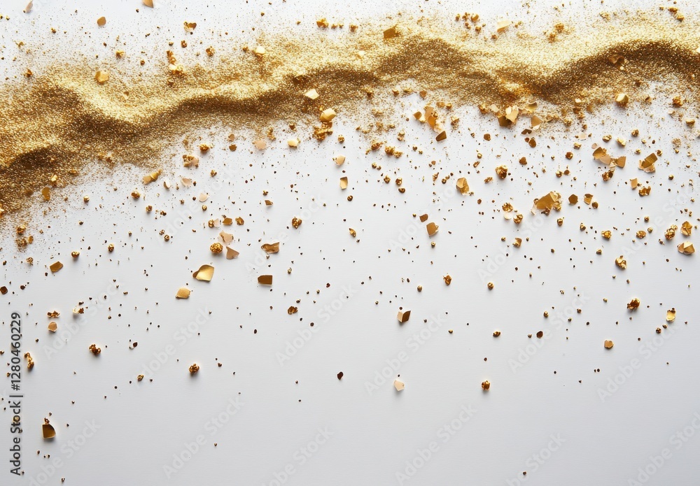 Poster sparkling gold dust and shimmering particles on white surface creating a glamorous and luxurious bac