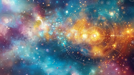 Colorful cosmic galaxy background with astrological chart overlay
