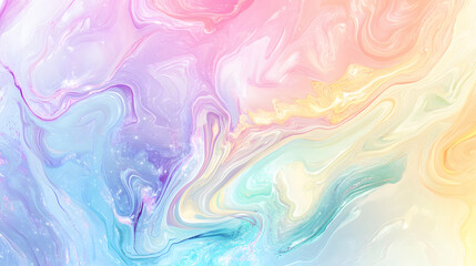 Liquid marble background with shimmering effect, in a pastel rainbow color palette. Abstract background.