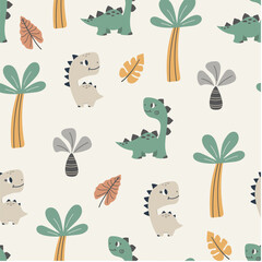 Colorful Childish seamless pattern with dinosaurs and palm trees on a light background. Hand drawn children's pattern for fashion clothes, shirt, fabric. Baby Dinosaur vector illustration.