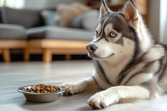 Cute husky dog rests calmly on the floor near a bowl of dog food in a modern living room with soft lighting