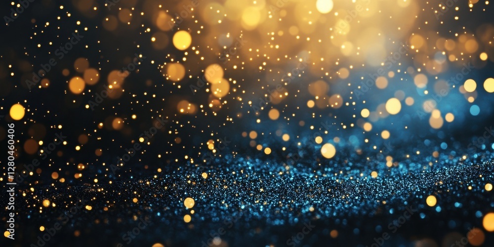 Poster sparkling golden and blue bokeh light effects with shimmering particles creating a dreamy and enchan