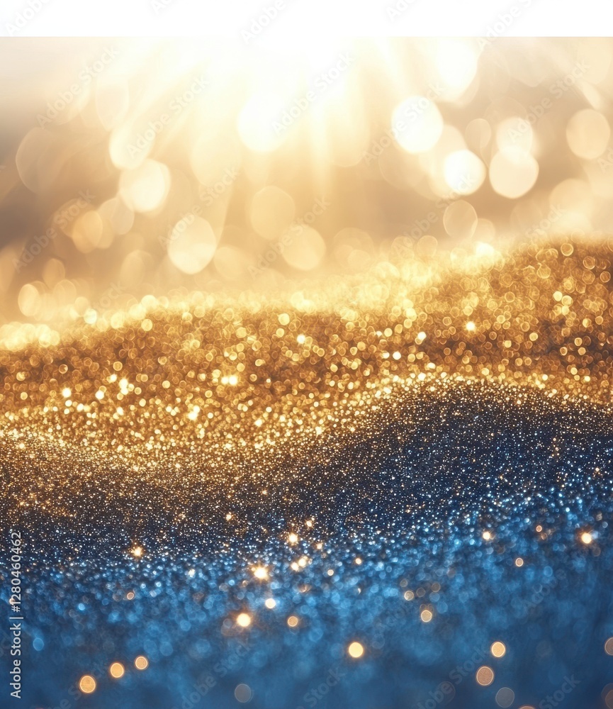 Aufkleber sparkling golden and blue glitter with bokeh effect illuminated by soft sunlight in warm and invitin