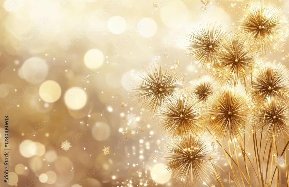Poster sparkling golden background with shimmering lights and fluffy dandelion-like flowers creating a drea