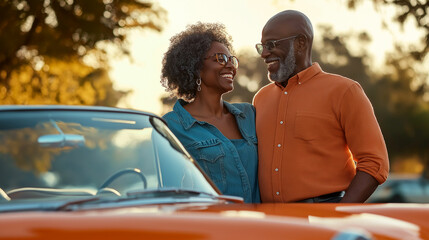 Joyful African American couple sharing a moment beside a classic car during a sunset in a warm outdoor setting