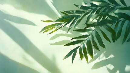 Fototapeta premium Green Palm Fronds Cast Shadows On A Light Green Background