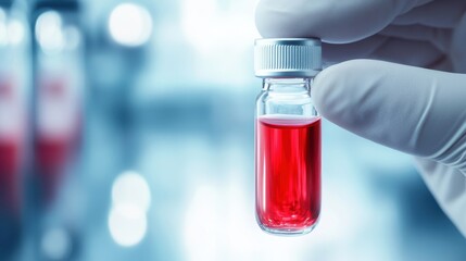 Gloved hand holding a small vial of red liquid in a laboratory setting, symbolizing scientific research and innovation in medicine.