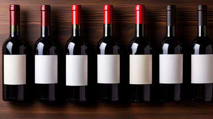 Row of Wine Bottles with Blank Labels on Wooden Background