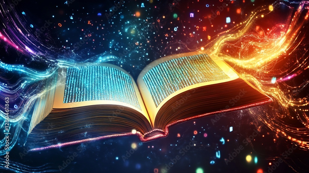 Poster open book emitting glowing data streams and celestial particles amidst a dark cosmic scene