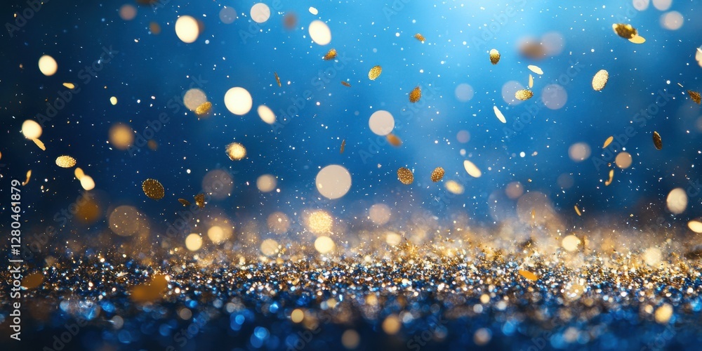 Poster sparkling golden particles in blue light on a shimmering surface creating an enchanting atmosphere f