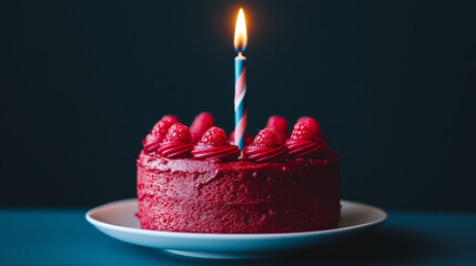 Single Candle on Delicious Red Velvet Raspberry Birthday Cake