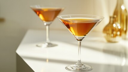 Alcohol consumption at a chic cocktail bar with martinis and sleek décor. Featuring sophistication and elegance