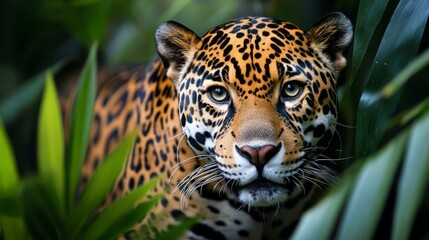 Obraz premium Closeup Portrait of a Jaguar in Lush Green Tropical Foliage