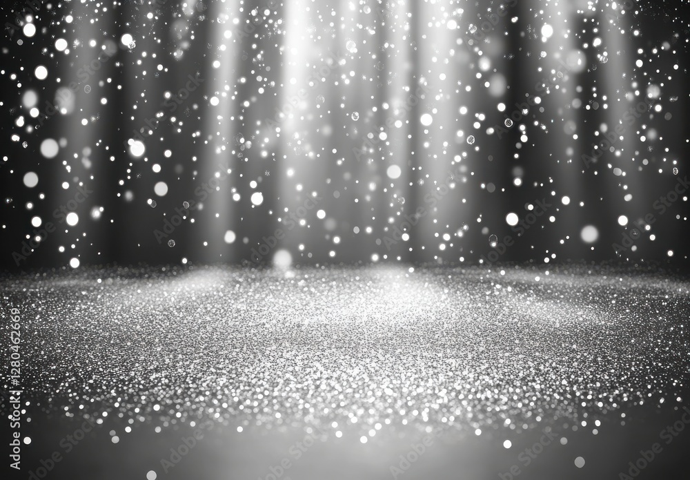 Poster sparkling light particles falling in an elegant black and white setting with soft bokeh effect and g