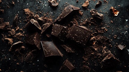 Closeup of dark chocolate pieces scattered on a sleek black background, rich textures, smooth surface, high contrast, ultrarealistic, 8K