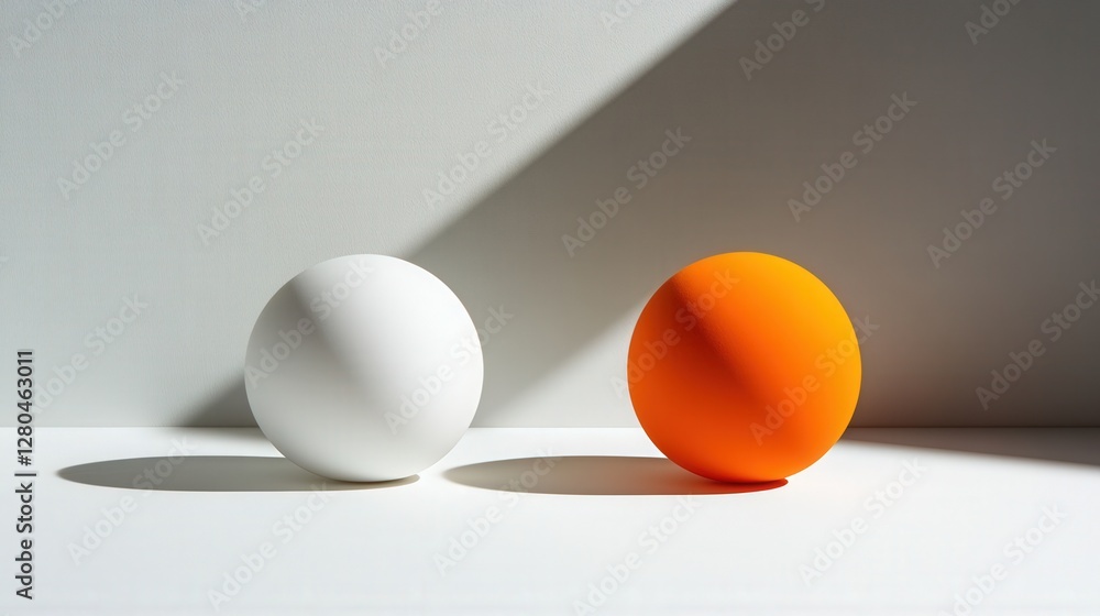 Poster two spherical objects, one white and one orange, illuminated by soft light against a minimalistic ba