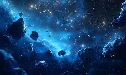 A futuristic cosmic landscape with deep blue tones, glowing nebulas, and floating asteroids, Generative AI