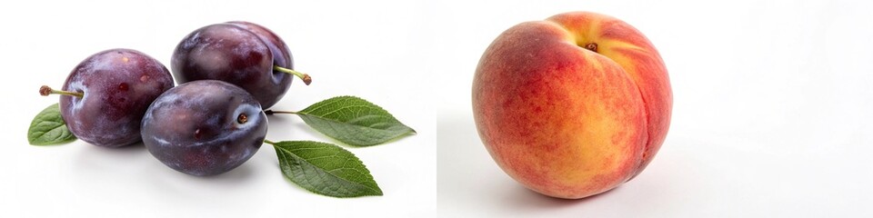 Three plums with leaves next to a peach, showcasing their natural beauty and freshness.