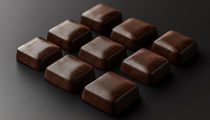 Dark chocolate squares elegantly arranged on a matte black background, rich texture and glossy shine, highly detailed, photorealistic, 8K