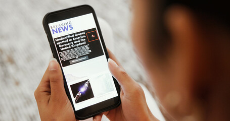 Phone screen, reading and hands of woman in home with online blog for global bulletin update....