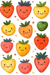 Cute Cartoon Strawberries and Other Fruits on White Background