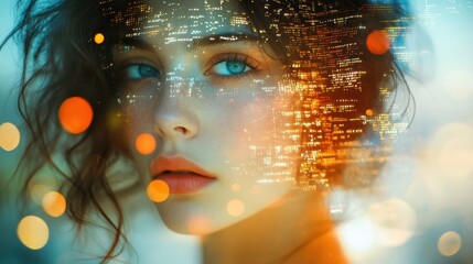Abstract double exposure portrait of a young woman with binary code and light bursts, tech-themed transformation, soft futuristic colors