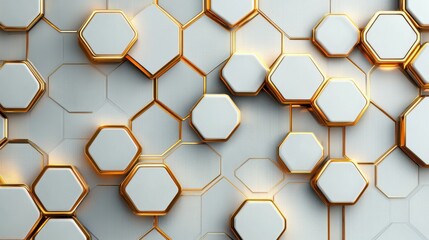 Elegant futuristic tech vector: Gold hexagonal patterns on white, abstract design