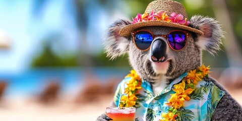 koala wearing hat and sunglasses, hawaiian shirt, lei, tropical cocktail in coconut, summer vacation, beach,