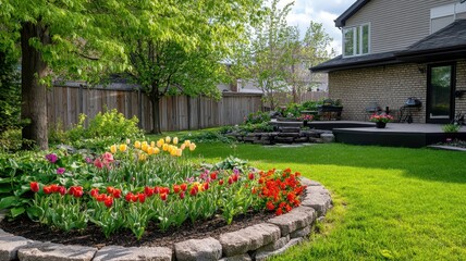 Fototapeta premium A picturesque scene of backyard tulips blooming vibrantly under the warm spring sun, inviting tranquility and beauty.