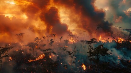 Wildfires rage through a dense forest during sunset, creating a dramatic landscape filled with smoke and flames