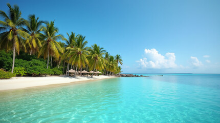 Maldives island beach. Tropical summer scenery landscape, white sand with palm trees. Luxury tourist destination.