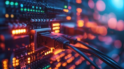 Advanced network node in a dimly lit room with fiber-optic cables, capturing the digital pathways of Internet data.