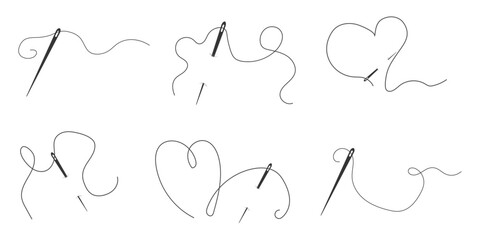 Set needle with thread doodle simple icon, line embroidery decoration. Curvy thread sewing, tailor tool silhouette. 