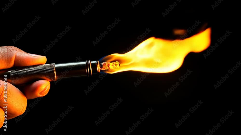 Poster fire ignites from a handheld device creating a vibrant flame in a dark environment