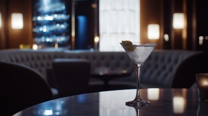Alcohol consumption at a chic hotel bar with martinis and stylish décor. Featuring luxury and sophistication