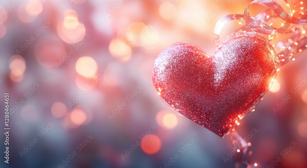 Poster sparkling red heart on a soft glowing background with bokeh effect, perfect for valentine's day and 