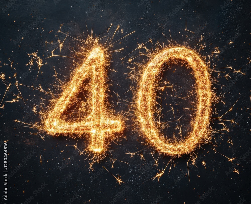 Poster sparkling representation of the number 40 created with fireworks on a dark textured background for c