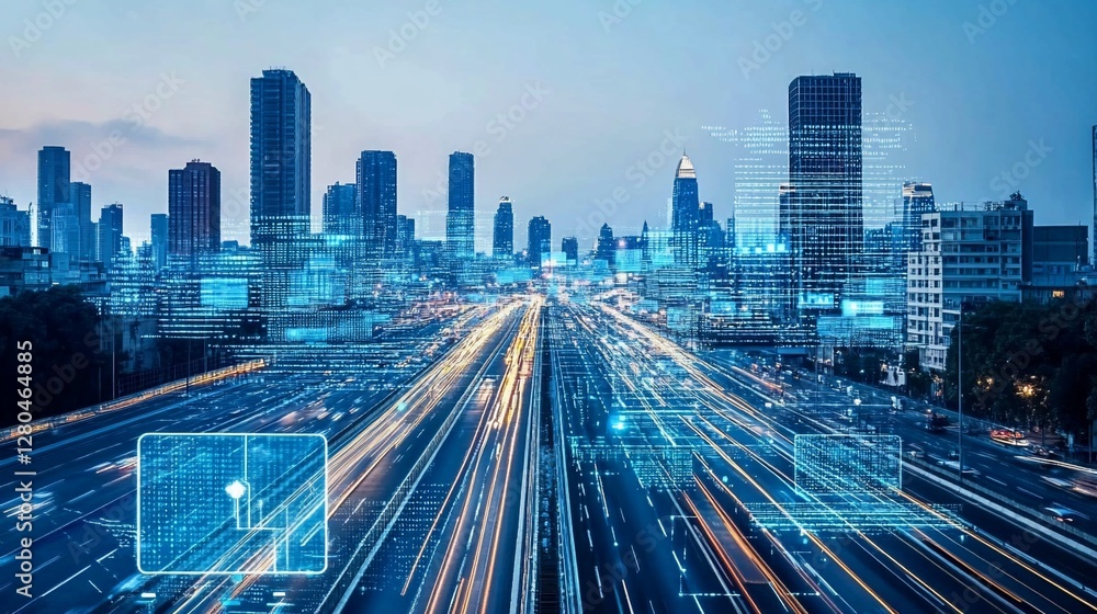 Poster futuristic city skyline with overlaid data streams and dynamic traffic patterns