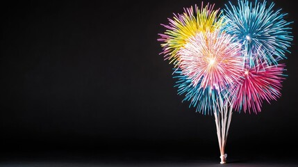 Colorful fireworks burst against black background, celebration concept