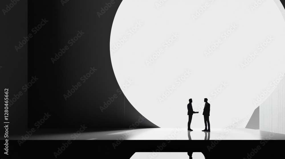 Leinwandbilder Negotiation between two silhouetted figures in a modern minimalist setting at dusk. Generative AI