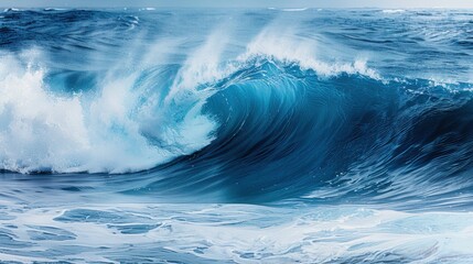 Dynamic ocean waves crashing along the shoreline under a bright sky at mid-afternoon