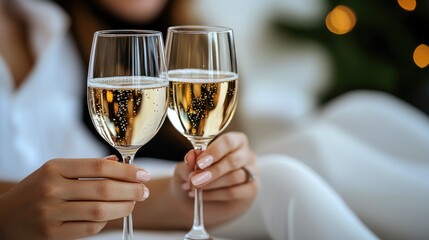 A happy business man and woman clinking champagne glasses.