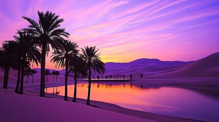 Fototapeta premium Mystic Oasis, Silhouetted Palms Reflect Sunset Hues in Desert Lagoon