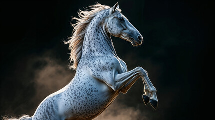 Beautiful dappled horse rearing. Cool wallpaper with grey dapple equine standing on hind legs