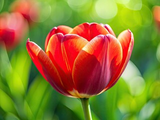 Fototapeta premium Tilt-shift macro captures a tiny, exquisite red tulip; white rim highlights its delicate bloom.