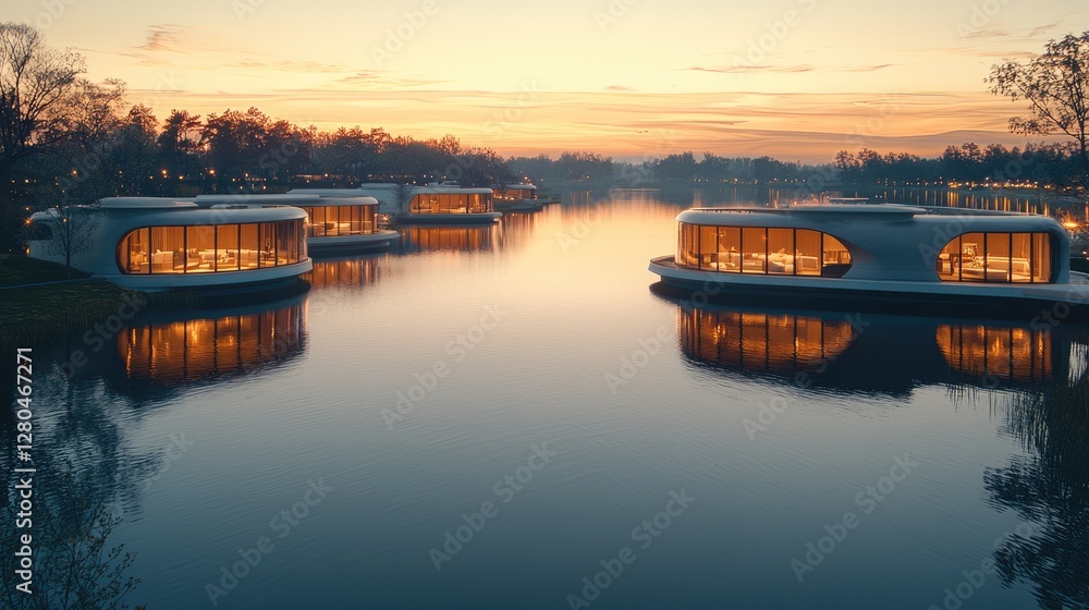 Poster aerial view of a modern futuristic resort next to a lake.