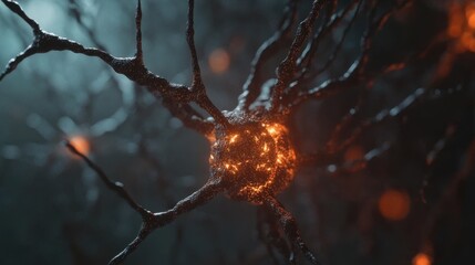 Neurons on Fire: a dramatic image that captures the intricate beauty and complex functionality of a neuron, rendered with a captivating glow