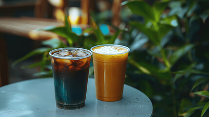 Close up of two iced black coffee on a cement gray table with lush green plants in the background.