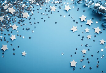 Fototapeta premium Sparkling Silver Stars and Ribbons on a Soft Blue Background Perfect for Celebrations and Party Decorations