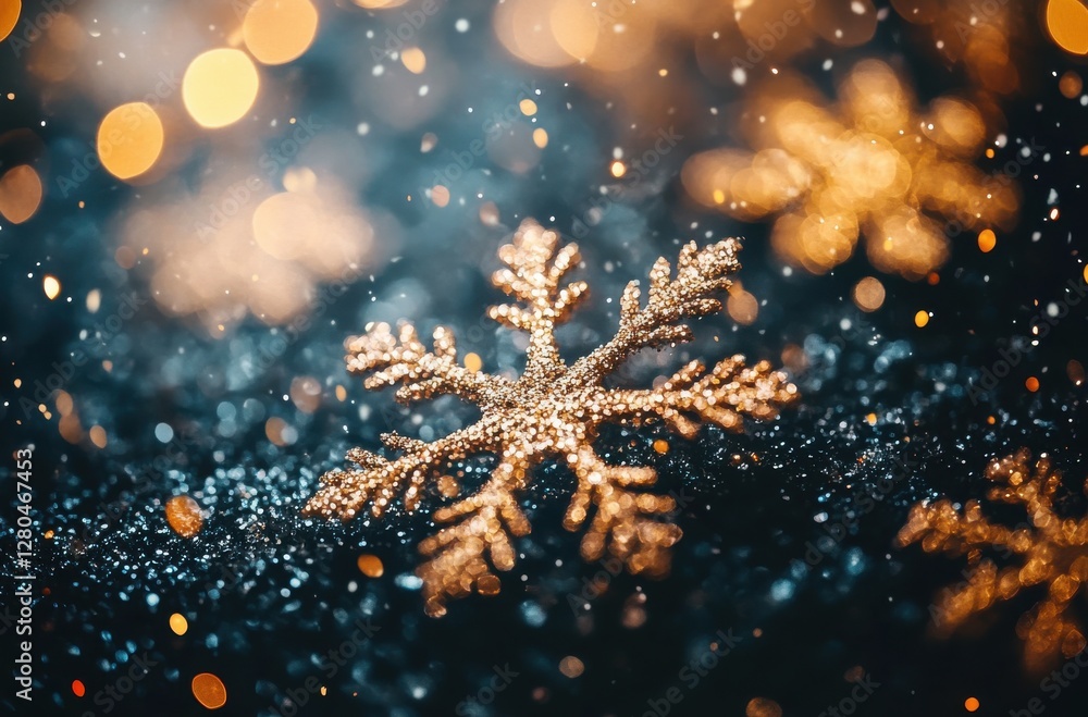 Aufkleber sparkling snowflake on glittering background with bokeh lights and falling snow for winter and holid